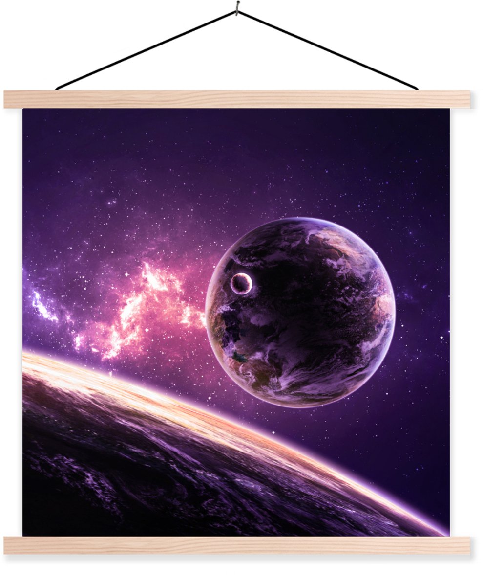 Posterhanger incl. Poster 120x120 cm - Schoolplaat - Planeten - Sterren - Paars - Textielposter - Blanke latten