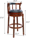 Afmetingen van een houten barkruk met donkergroene lederen zitting en rugleuning. Hoogte 37.8", breedte 20.4", zitdiepte 16.5".