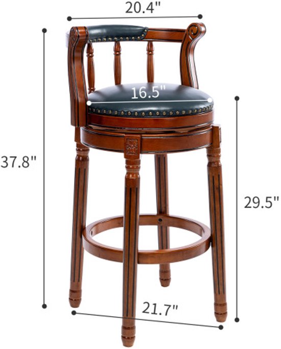 Afmetingen van een houten barkruk met donkergroene lederen zitting en rugleuning. Hoogte 37.8", breedte 20.4", zitdiepte 16.5".