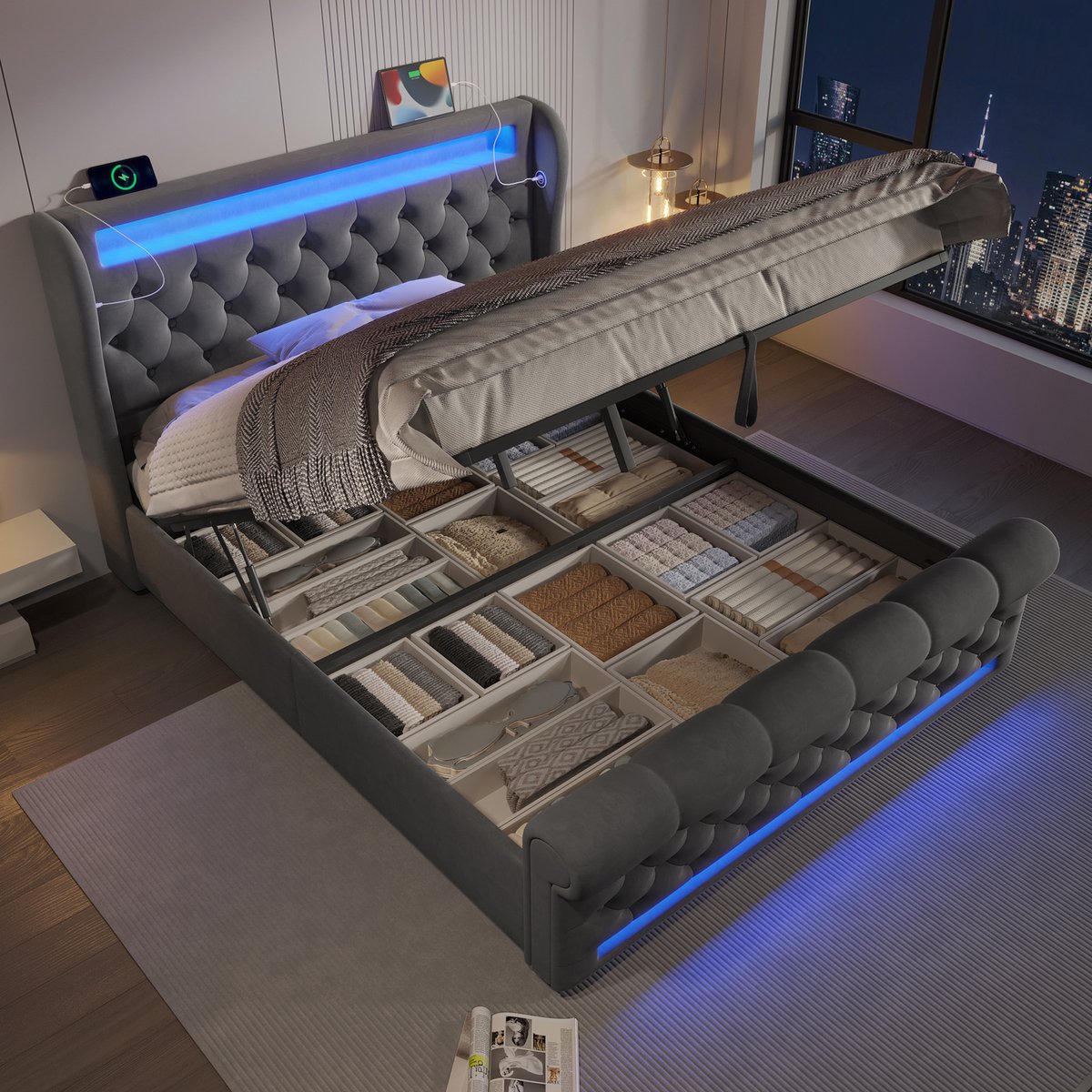 HAUSS SPOLE Gestoffeerd Bed 140x200cm - Hydraulisch Opbergbed Met LED Met Timer En USB+Type-C Oplaadpunt - Fluweel - Grijs - Zonder matras