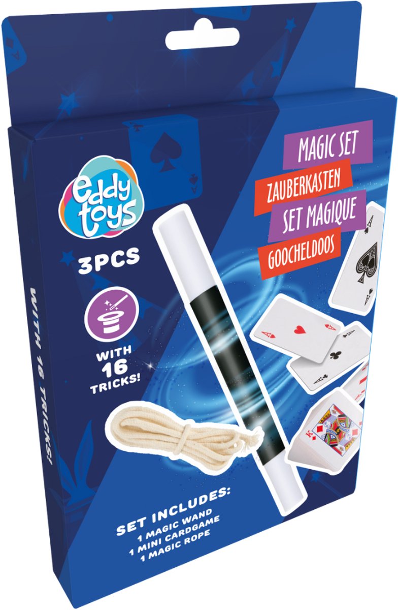 Eddy Toys magic set 16 tricks - goochelset van kunststof - inclusief toverstokken, ringen, touw en kaarten - universele handleiding - 2 jaar garantie - meerkleurig