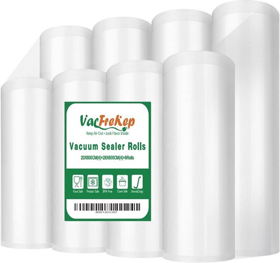 MakMeFre Vakuumierfolie – 4 Rollen 28x600 Cm + 4 Rollen 20x600 Cm – Kochfest, BPA-frei, Mit Noppenstruktur – Für Alle Clamp-Vakuumierer Geeignet