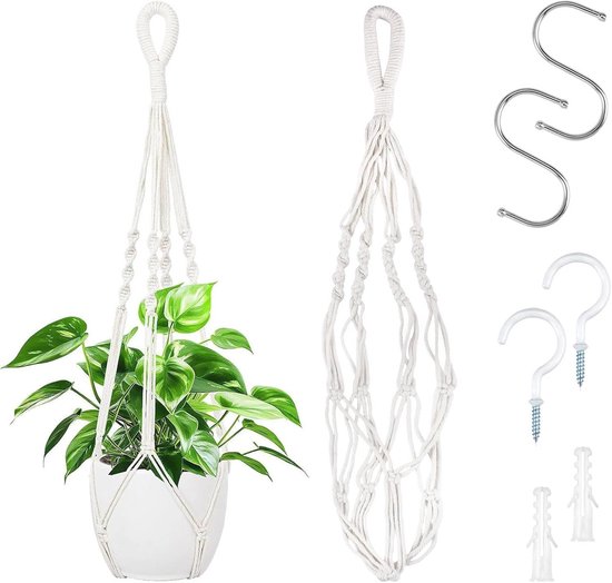 Macrame Plantenhangers - 2 Stuks - 60 cm - Hangers voor Binnen en Buiten - Katoenen Touw met Metalen Haken