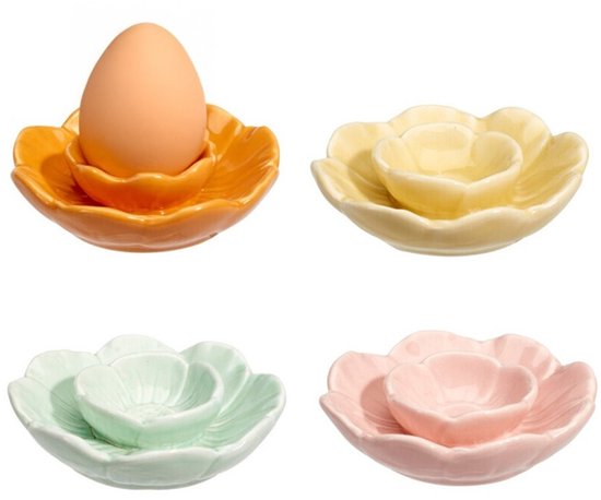 Bellatio Design Coquetiers Bloem - set de 4x - couleurs multiples - porcelaine - 9 x 2 cm - pour petit-déjeuner/brunch/pâques
