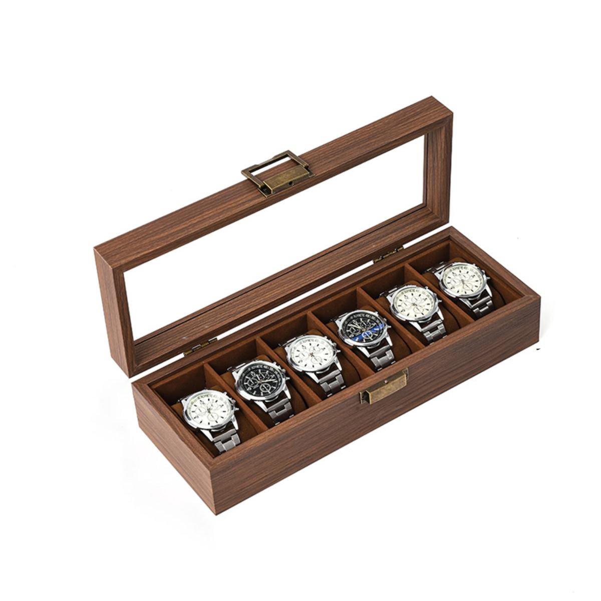 YOZHIQU Horlogedoos van massief hout met zes vakken, glazen deksel en horlogehouder - een ideaal cadeau voor vrienden en familie - in walnootkleur.