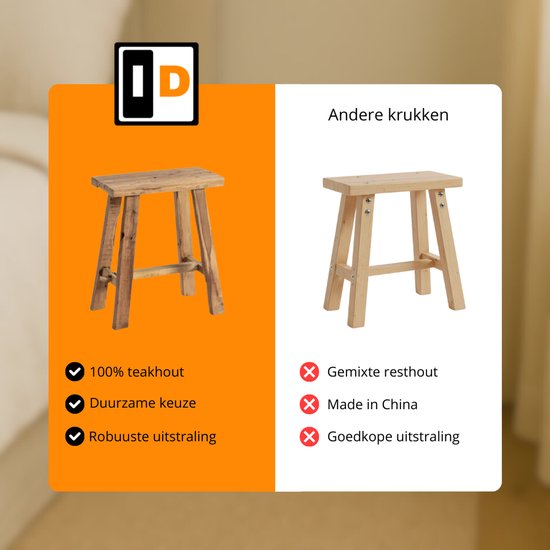 Houten krukje van 100% teakhout met een robuuste uitstraling, vergeleken met een kruk van gemixt resthout.