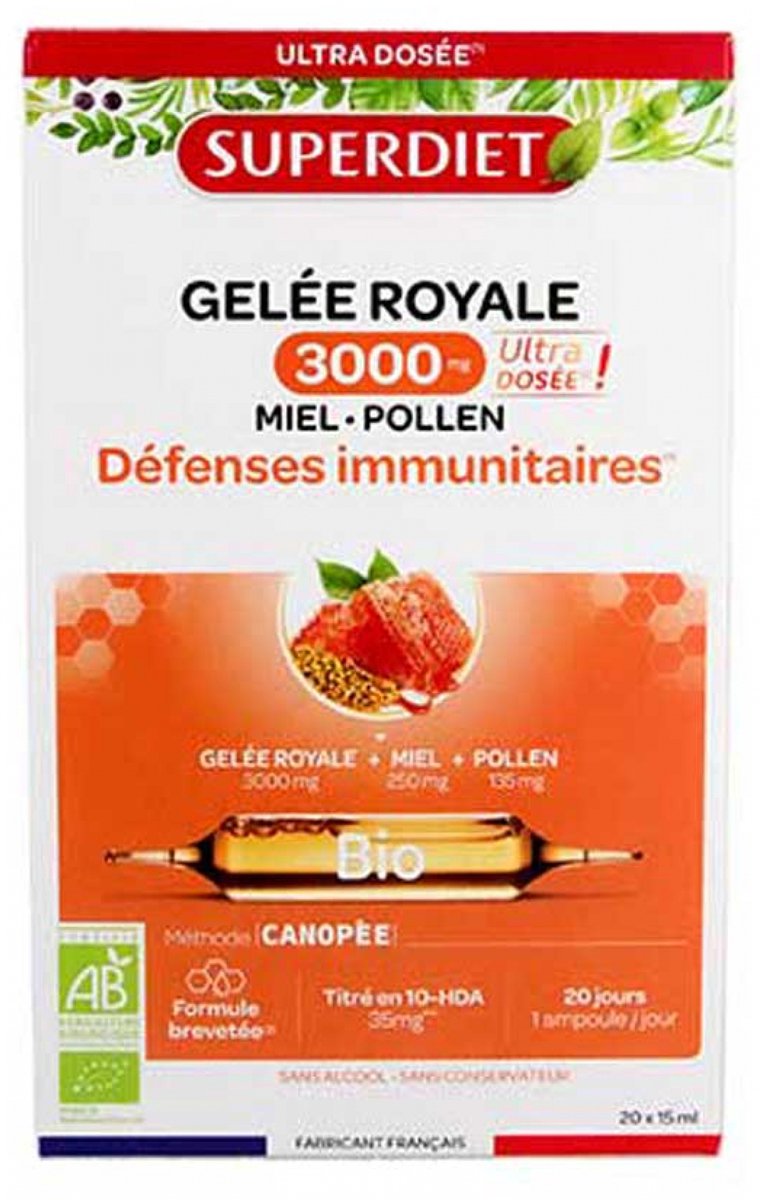 Superdiet Royal Jelly 3000 mg Honingstuifmeel Biologisch 20 Flacons