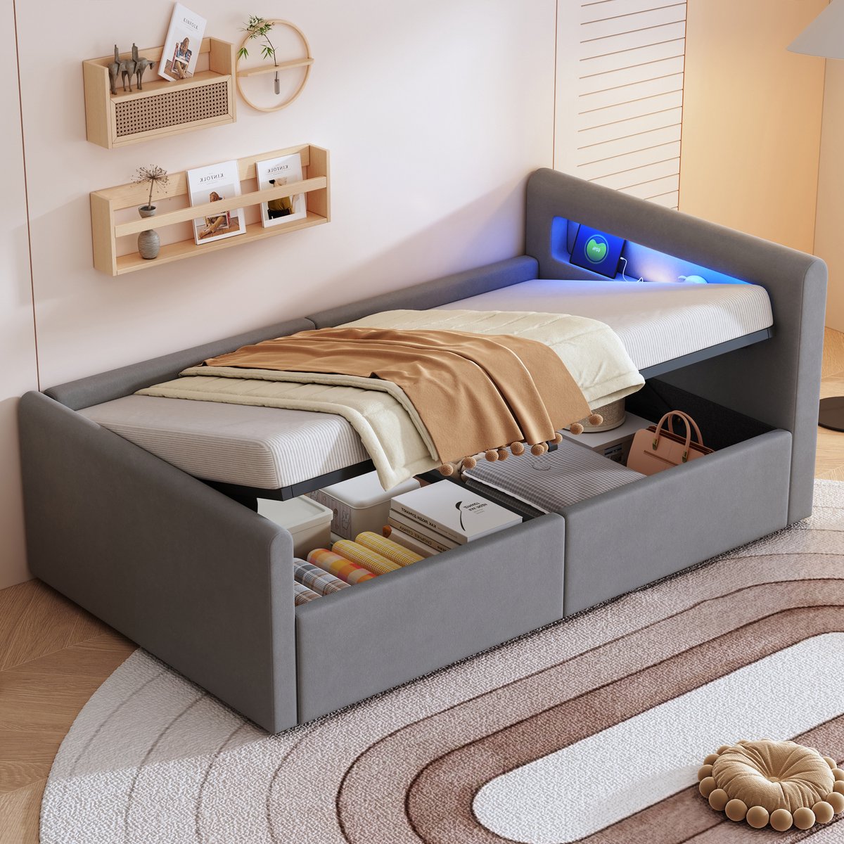 STILVORA Gestoffeerd Bed 90x200 cm - Met LED Licht en USB Oplaadpunt - Hydraulische Opbergruimte - Fluweel - Lichtgrijs - Zonder matras