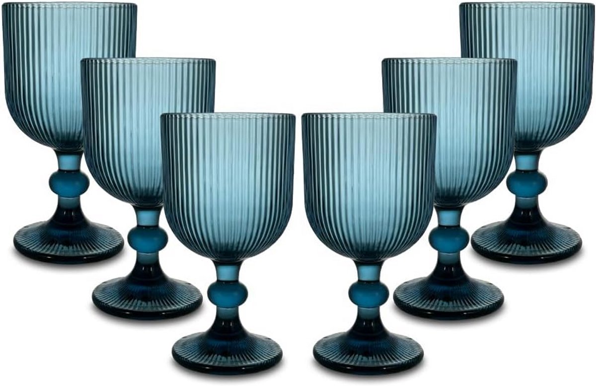Set van 6 blauwe steelglazen met voet 330 ml