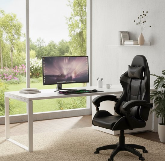 Gaming Bureaustoel Ergonomisch - Verstelbare Armleuningen, Kantelbaar & 360° Draaibaar, Hoofdsteun + Lendenkussen, Luxe Kunstleer, 150kg Draagkracht - Grijs/Zwart - House&Garden van Merkloos — afbeelding 3