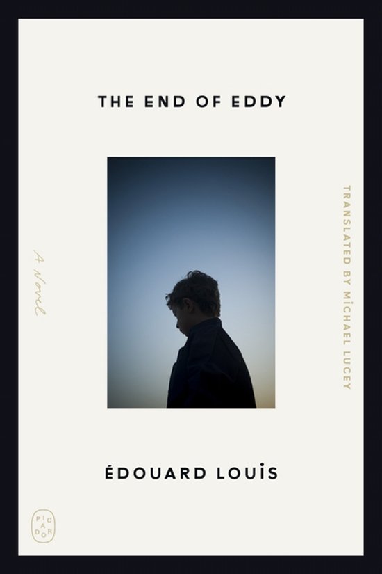 Boekcover 'The End of Eddy' door Édouard Louis. Een silhouet van een jongen tegen een blauwe lucht, met tekst 'A Novel' en 'Translated by Michael Lucey'.