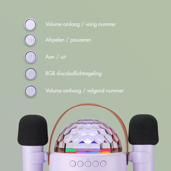 Detailopname van de bedieningsknoppen van de karaokespeaker: volume omhoog/omlaag, afspelen/pauzeren, aan/uit en RGB-disco-lichtregeling.