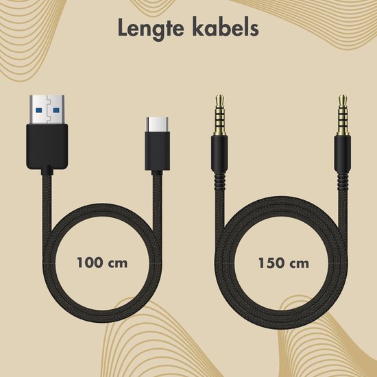 Twee zwarte kabels, een van 100 cm met USB-C en een van 150 cm met 3,5mm jack.