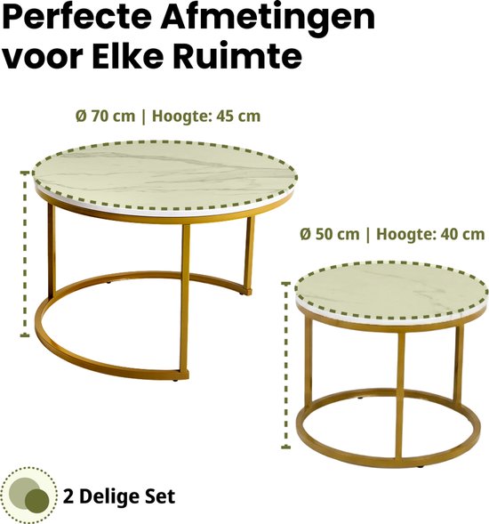 Set de tables basses de Luxe TUUSO® – Aspect marbre Wit avec structure dorée – Tables rondes Ø70 + Ø50 – 2 pièces coulissantes – Design industriel et moderne – Table d'appoint pour salon