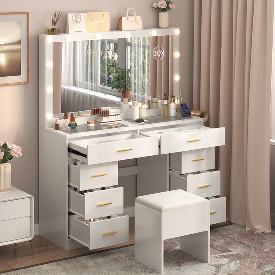 Kaptafel - Make Up Tafel - Inclusief Krukje - Met Spiegel en 12 LED Lampen - Met Stopcontacten & USB-poorten - 3 Lichtkleuren - 8 Laden - Transparant Glazen Tafelblad - Eenvoudige Montage - 140x113x40 cm - Voor Slaapkamer Kleedkamer - Wit
