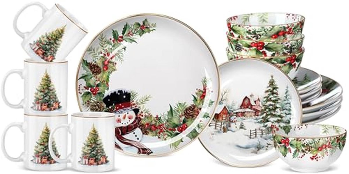 Kerstservies voor 4 gasten - 16 stuks feestelijke borden en mokken