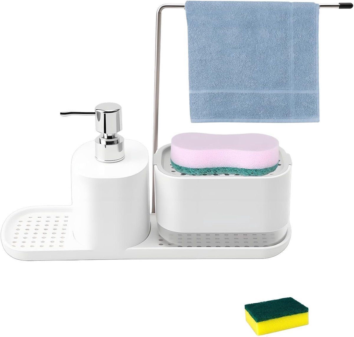 Famanu – Spoelbak organizer set met afwasmiddeldispenser, sponshouder en handdoekhouder, wit
