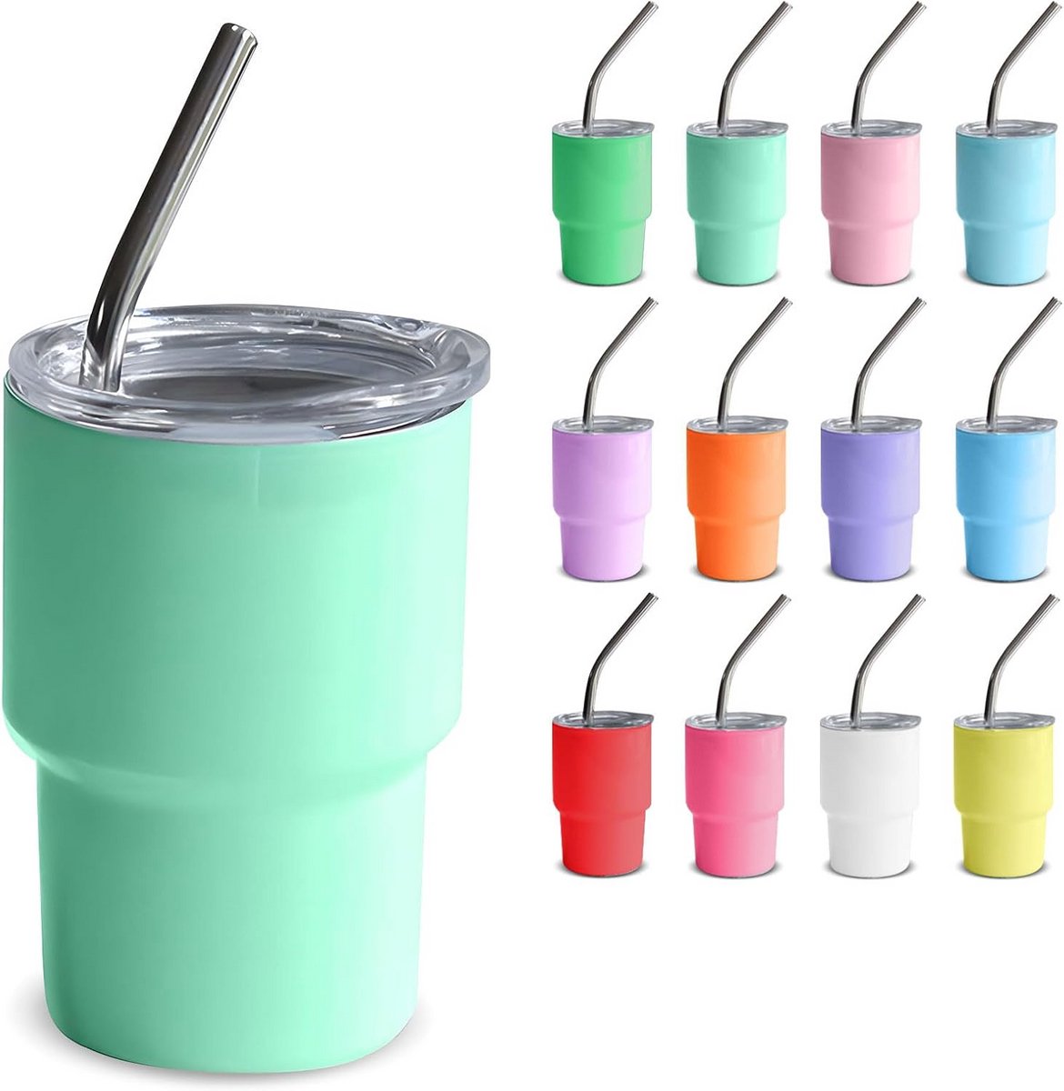 Set van 6 Gekleurde Mini Shotglazen RVS met Deksel en Rietjes - Cocktail Glaasjes 150ml