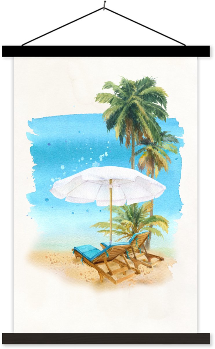 Posterhanger incl. Poster 120x180 cm - Schoolplaat - Strandstoel - Parasol - Palmboom- Zee