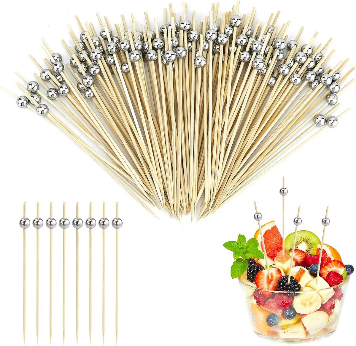 120 Houten Cocktailprikkers met Zilveren Kralen voor Hapjes, Fruit en Snacks
