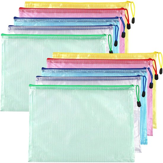 Set van 12 documentenvakken, A5, 6 kleuren, klittenbandsluiting, documentenmap, portefeuille voor het opbergen van documenten, met gatrand/etikettentas en 20 stuks cadeaupapier