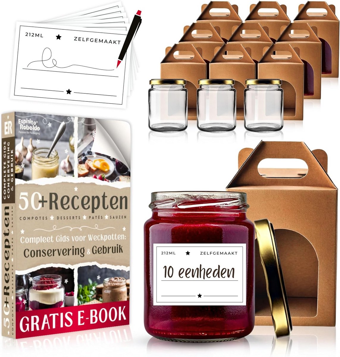 Set van 10 Glazen Potten 215ml met Deksel en Etiketten voor Jam, Honing en Cadeaus