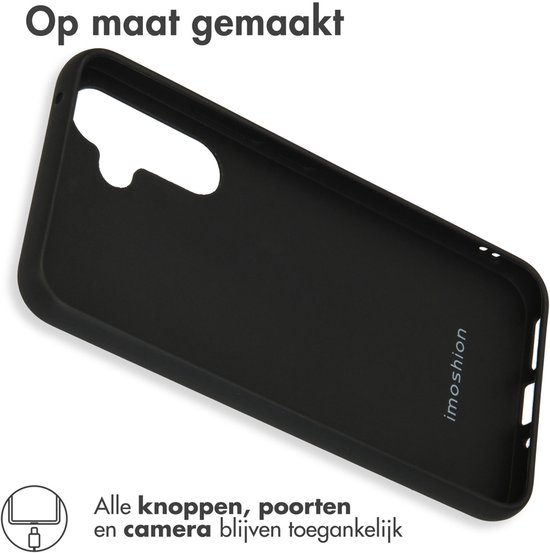 Zwarte telefoonhoes voor Samsung A54, met tekst 'Op maat gemaakt' en 'Alle knoppen, poorten en camera blijven toegankelijk'.
