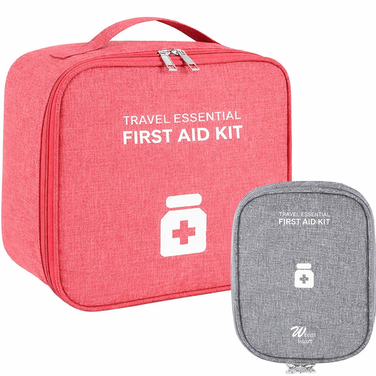 2 stuks Azalia EHBO Tas Leeg – Waterdichte Verbanddoos / Toilettas – EHBO Koffer Voor Thuis, Auto of Reizen – Compact & Draagbaar – Groot formaat: 25 x 22 x 12 cm, klein formaat: 14 x 11 x 2.5 cm(roze and grijs)