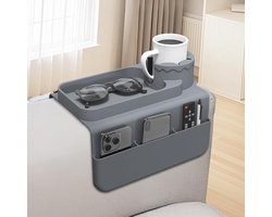 Bekerhouder voor op de bank - Siliconen opbergtas voor de armleuning van de bank - met zijvakken - Geschikt voor afstandsbedieningen, telefoons, tablets of snacks - Morsbestendig en antislip - Drankenrek voor op de bank - Grijs