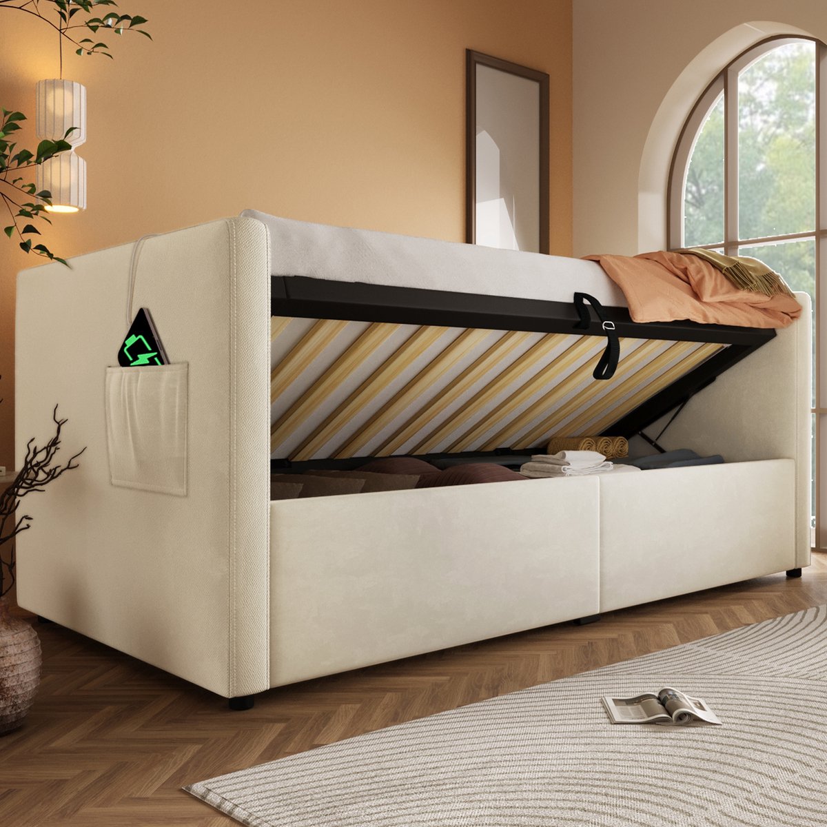 OKWISH Gestoffeerd bed 90x200 cm – Eenpersoonsbed met hydraulische opbergruimte – Geïntegreerde USB- en Type-C-ladestation – Fluweel – Beige – Zonder matras