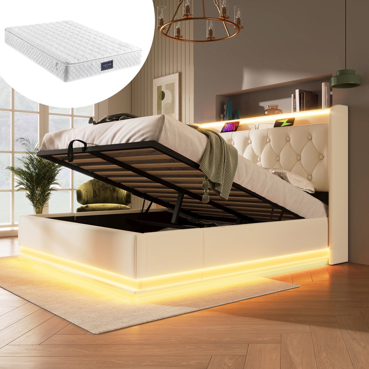 OKWISH Gestoffeerd bed 160x200 cm – Tweepersoonsbed Met 360° LED & Hydraulische Opbergruimte – USB Type-C & App Bediening – PU – Wit – Met matras