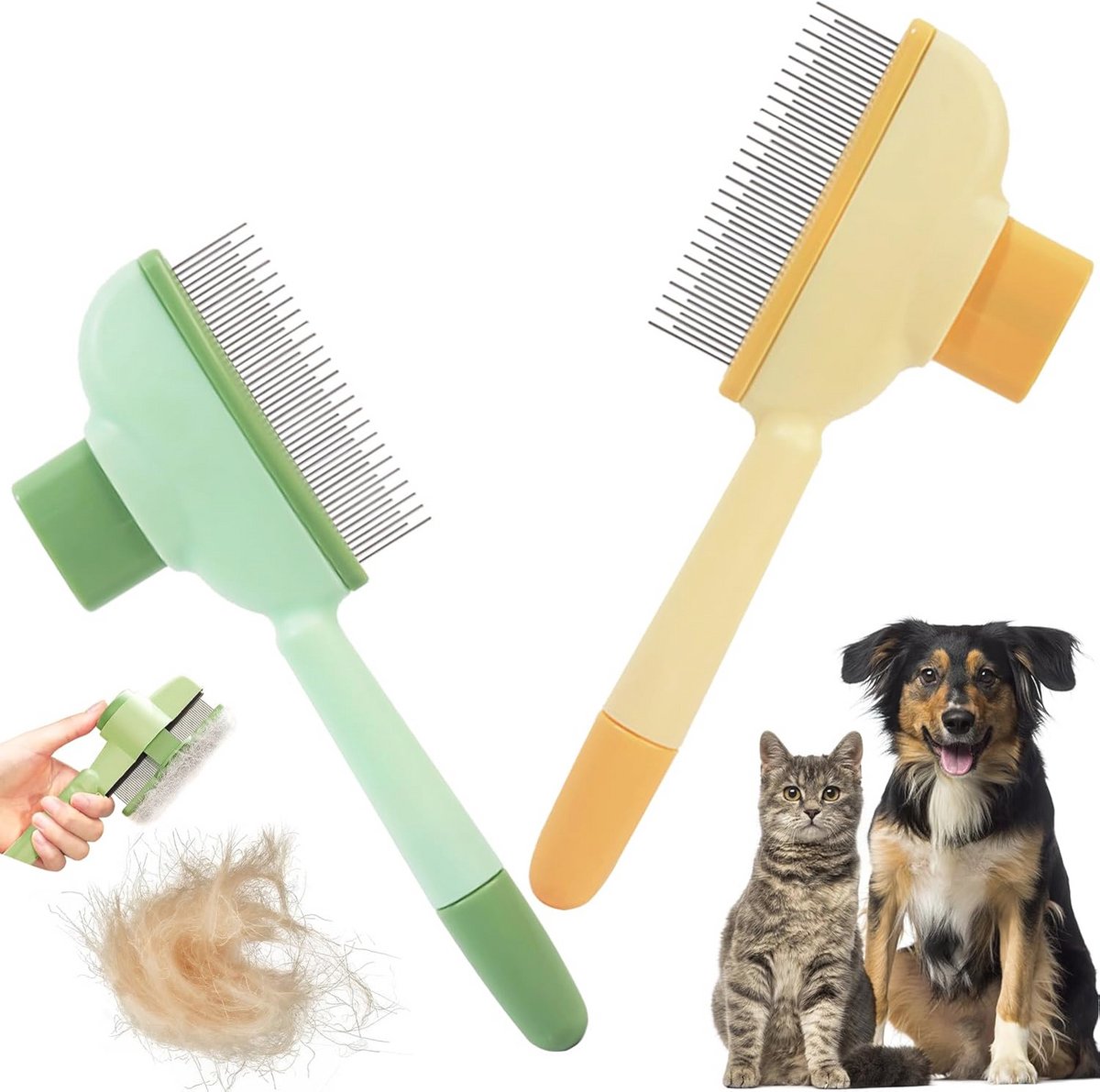 Set van 2 zelfreinigende verzorgingsborstels voor honden en katten, zachte borstel met massagekam, anti-knoop gereedschap voor een gezonde vacht