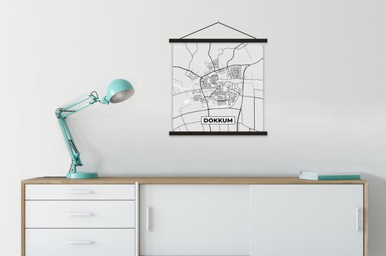 Porte-affiche avec affiche - Affiche scolaire - Plan de la ville - Dokkum - Grijs - Wit - 60x60 cm - Lattes noires