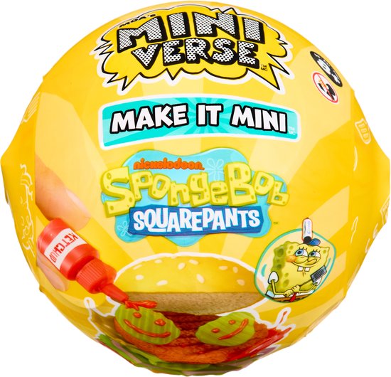 Miniverse Make It Mini SpongeBob SquarePants verpakking met afbeelding van Spongebob die een burger maakt met ketchup.