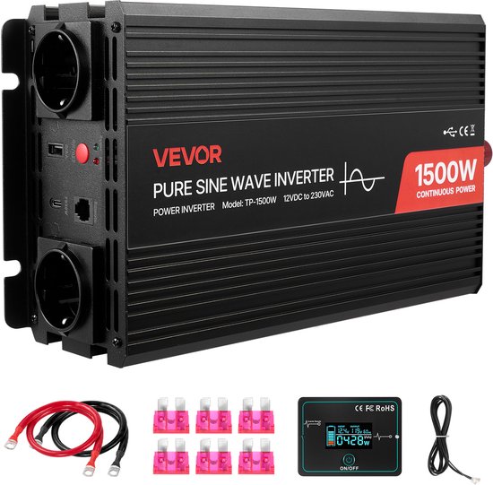 VEVOR 1500W Omvormer, 12V DC naar 230V AC, Zuivere Sinusomvormer, met Afstandsbediening, USB- en Type-C-poorten, 2 Stopcontacten, Snel Opladen voor Campers, Vrachtwagens en Kampere