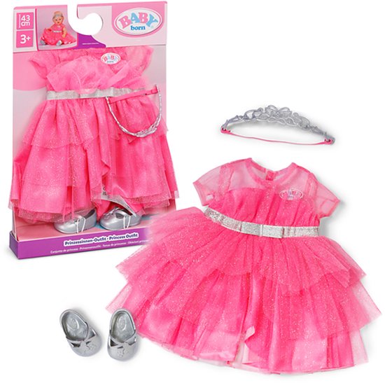 Baby Born prinsessenoutfit: roze jurk met zilveren glitter, tiara en schoenen.
