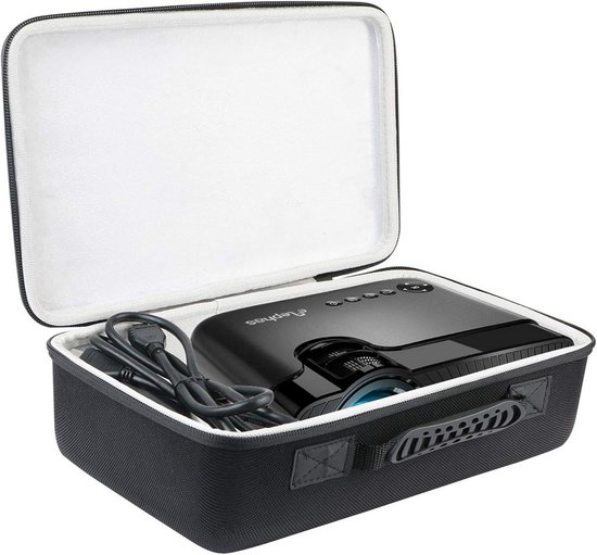 Zwarte draagtas met een zwarte projector, kabels en handvat
