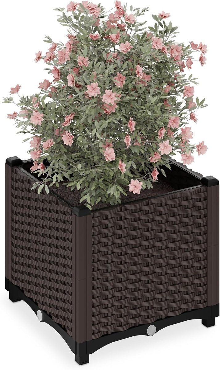 Famanu – Plantenbak rotanlook met waterreservoir vierkant 38 x 40 x 40 cm voor tuin balkon en terras kunststof bruin