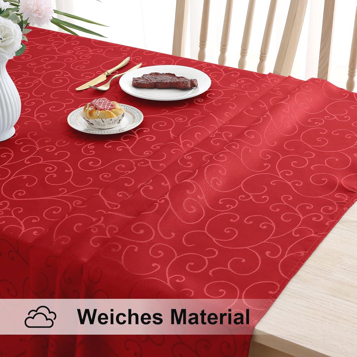 Rectangular Washable Tablecloth 140 x 300 cm - Easy Care for Kitchen and Party - Red