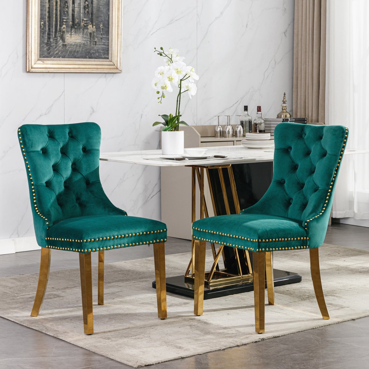 Clruro Collectie - Eetkamerstoelen Set van 2 - Hoogwaardige Velvet Bekleding - Gouden Stalen Poten & Nailhead Trim - Groen