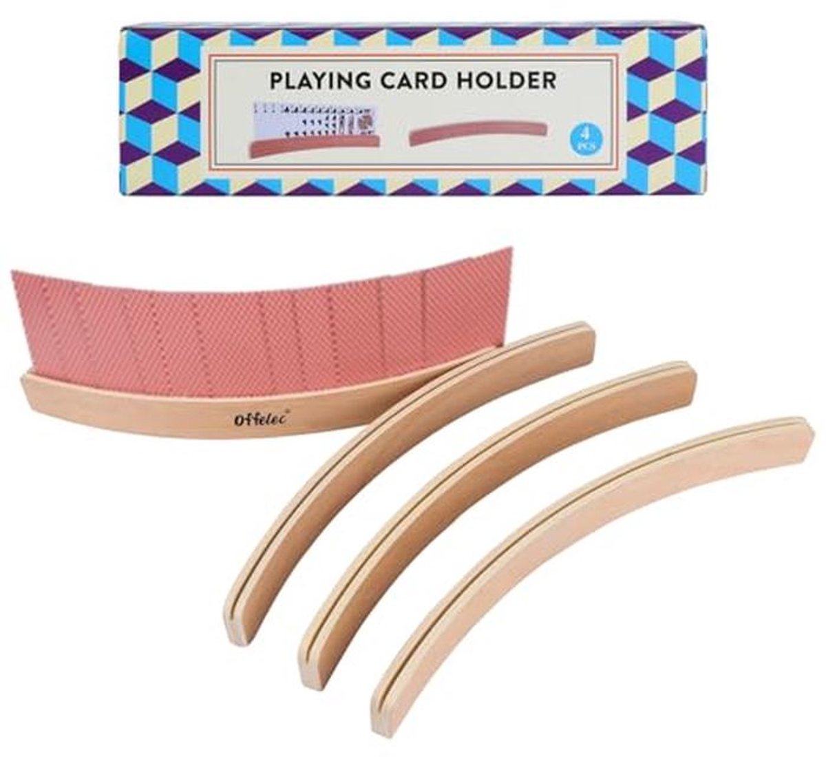 Set van 4 gebogen houten kaarthouders voor speelkaarten - antislip ondersteuning voor kinderen, volwassenen en ouderen