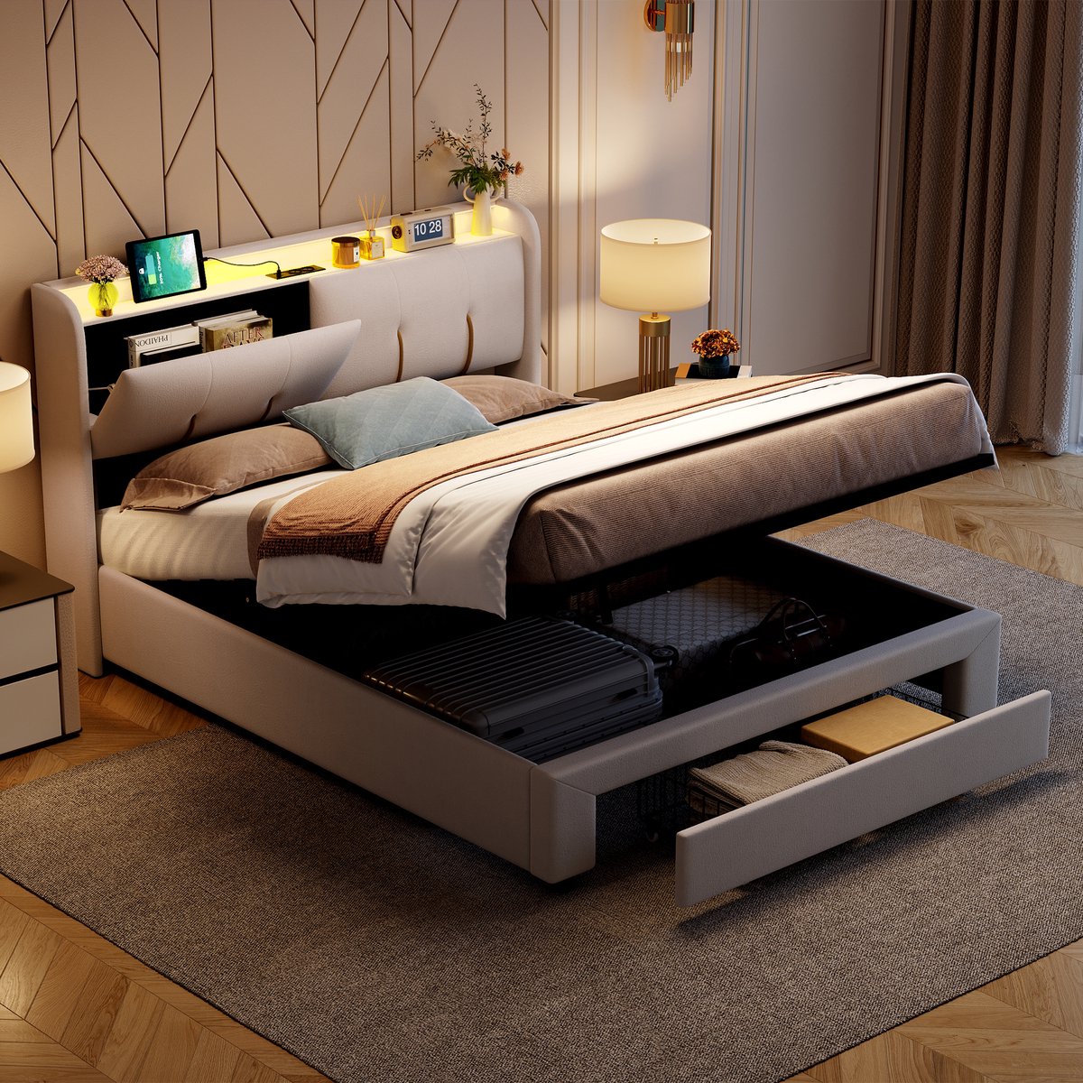 SHOPENTRA Opbergbed 160x200 cm crèmewit met opbergruimte in het hoofdbord, lade, LED-verlichting en USB-oplaadpoort, gestoffeerd tweepersoonsbed