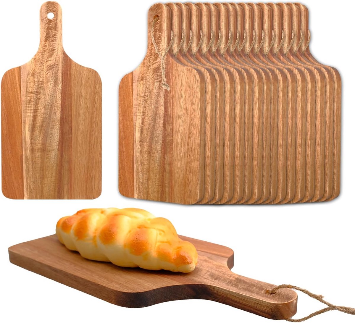 18x Houten Snijplank Set Acaciahout met Handvat - Keukenplank voor Brood, Kaas & Buffet