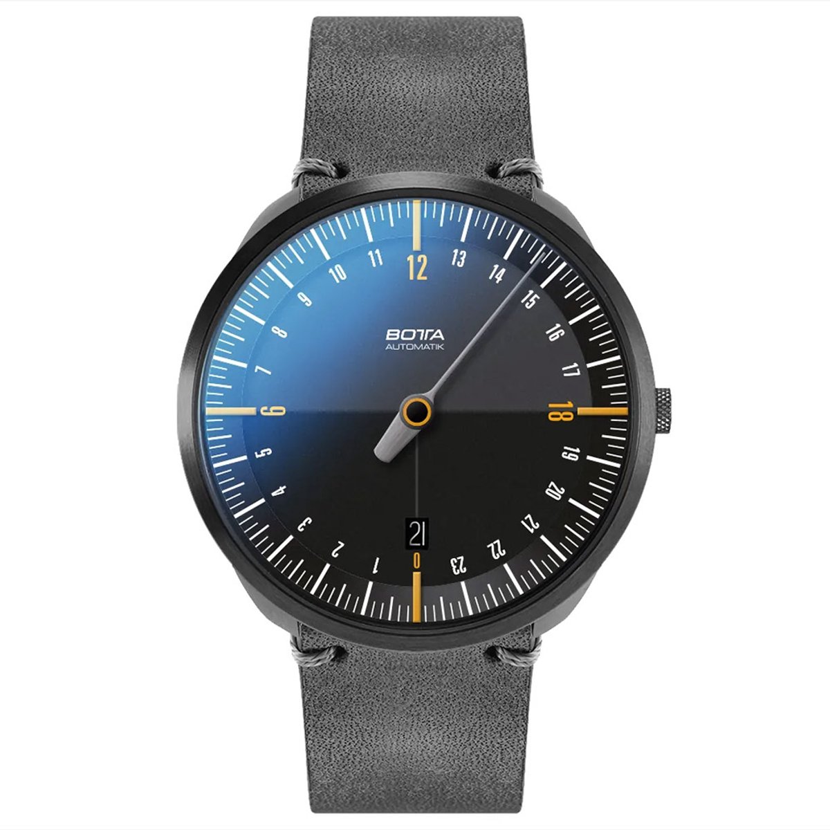 BOTTA Horloge UNO 24 Automatisch 24-uurs - Eenwijzer - Black Edition - Zwart-Oranje - Zwart Leren Band - 40 mm