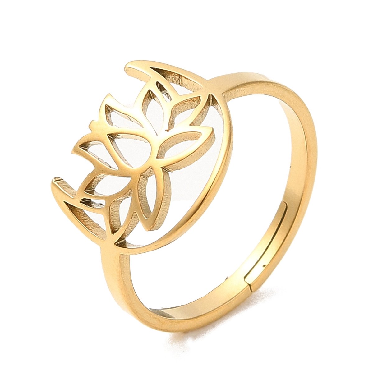 Ring stainless steel lotus maan bohemian, one size ring, goudkleurig, 100% waterproof, verstelbare ring, cadeau