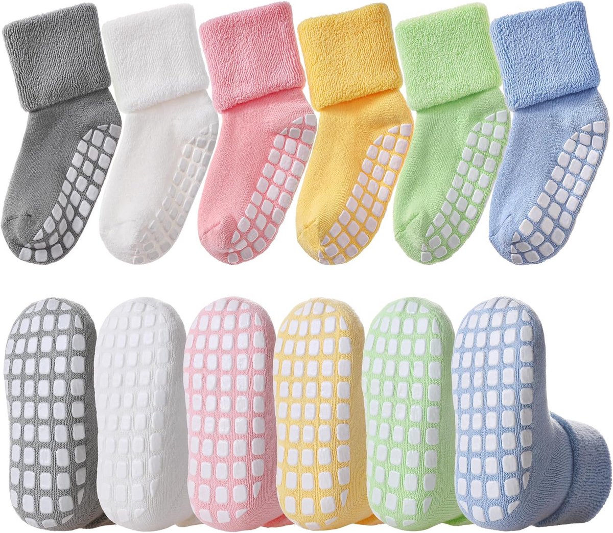 6 Paar Antislipsokken voor Baby & Peuter - Warme Katoenen Antislip Sokken met Grippers - 3-12 Maanden
