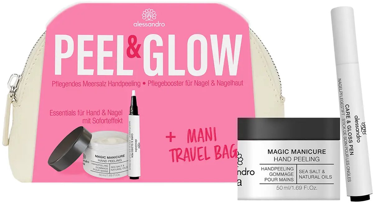 Alessandro Peel & Glow Mani Bag – Handverzorgingsset met Handpeeling & Care & Gloss Pen – Voor Zijdezachte Handen & Verzorgde Nagelriemen – Inclusief Trendy Tasje – Perfect als Cadeau of Voor een Luxe Manicure Thuis