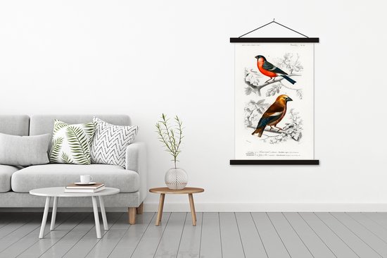 Posterhanger incl. Poster 120x180 cm - Schoolplaat - Vogel - Vintage - Tak - Textielposter - Zwarte latten
