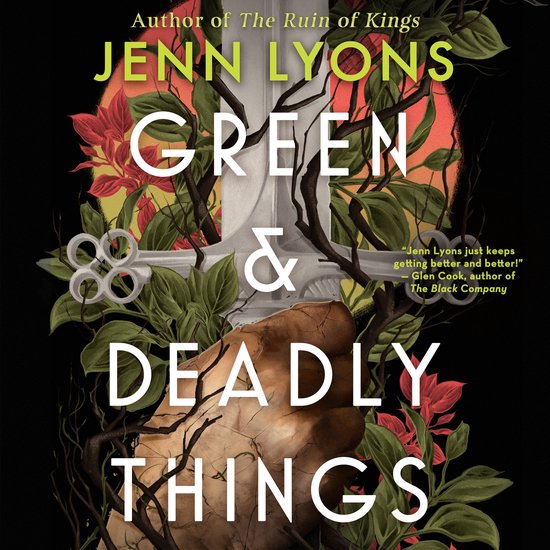 Boekcover van "Green & Deadly Things" van Jenn Lyons. Groene bladeren en rode bloemen om een zwaard en een steen.