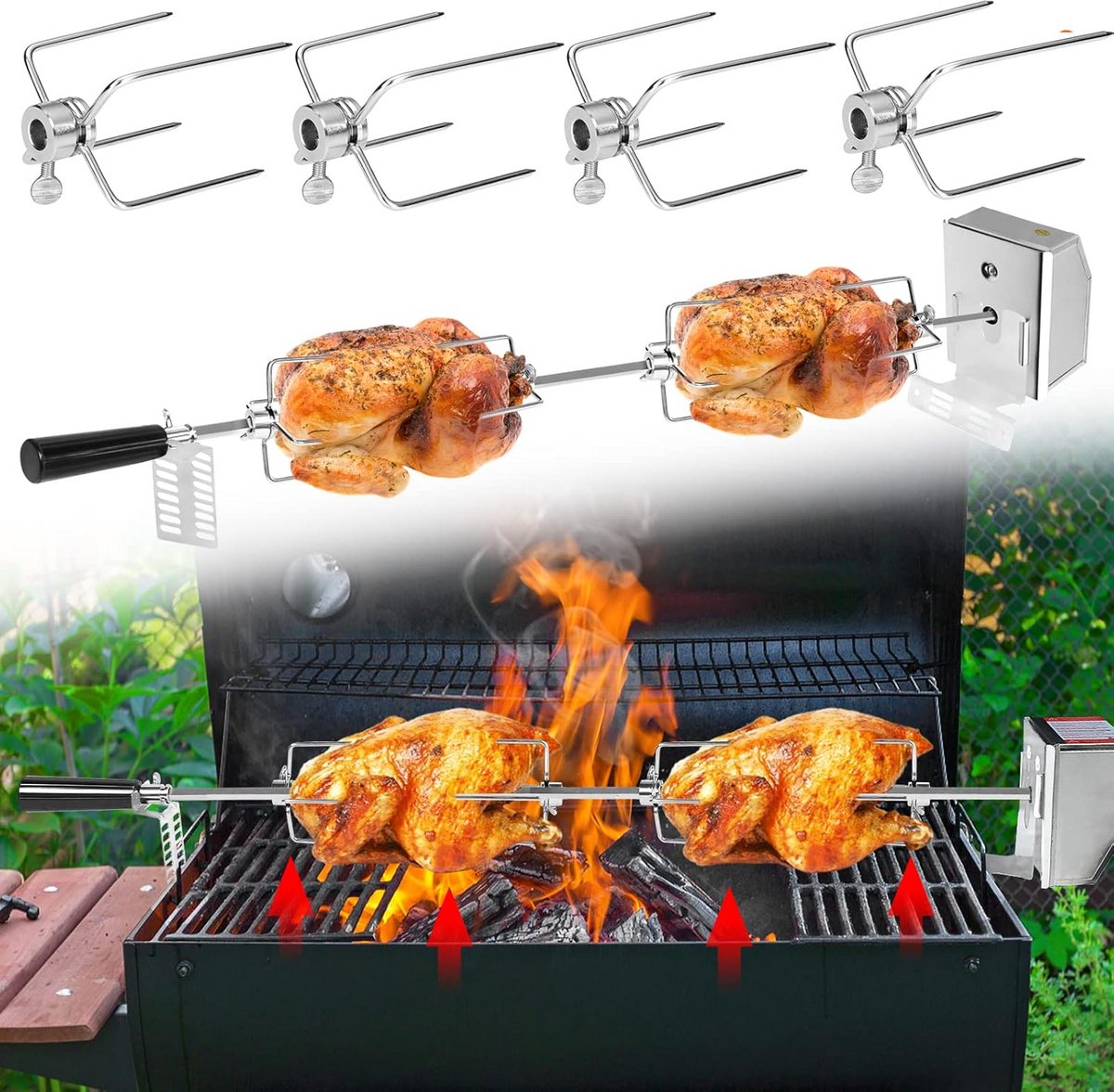 Elektrische Draaispit Set voor BBQ en Gasgrill - Inclusief Motor en 4 Vleespennen